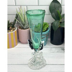 Art Deco Green & Clear Glass Vase With Ornate Base